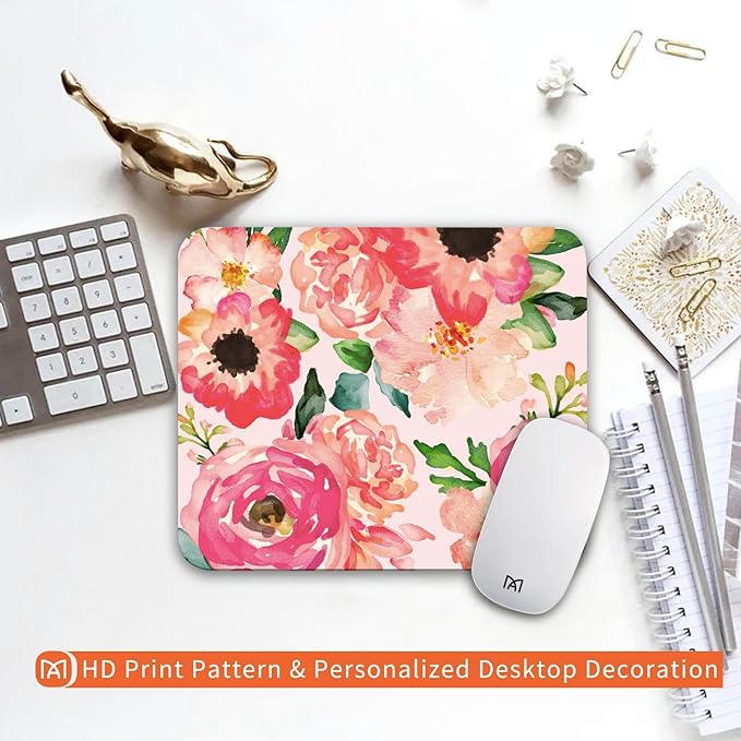 Square Mouse Pad Pink Watercolor Flower, Personalized Premium-Textured Custom Mouse Mat Design, Washable Mousepad Cloth, Non-Slip Rubber Base Computer Mouse Pads for Wireless Mouse