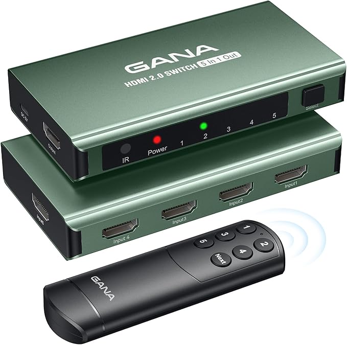 HDMI Switch 5 in 1 Out 4K@60Hz, GANA HDMI Splitter Switcher with Remote, Aluminum HDMI 2.0 Switch Box Hub for 3D, HDCP2.2, HDR, Compatible with Xbox, PS5/4/3,Fire Stick,Roku,Blu-Ray Player, Green