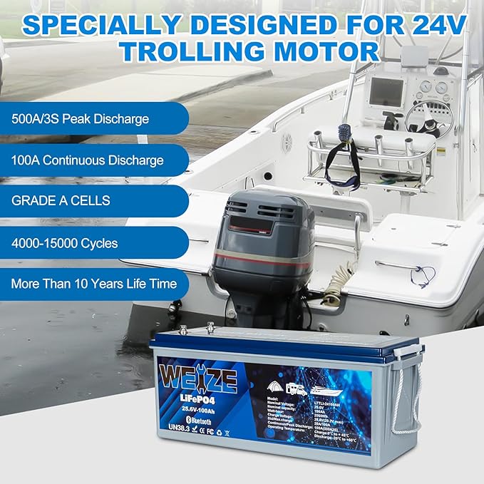 WEIZE 24V 100AH Bluetooth LiFePO4 Lithium Battery, Grade A Cells, 150A BMS, Low-Temp Protection Deep Cycle 500A/3S Peak Discharge Battery for Trolling Motor, Solar System, RV, Camping, Off Grid