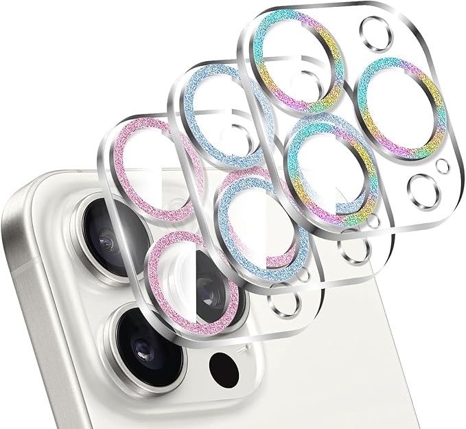 LucBuy 3PCS Sparkling Camera Lens Protector for iPhone 12 Pro, Full Clear Acrylic Cover with Shiny Colorful Glitter Designed Decoration Back Camera Protector