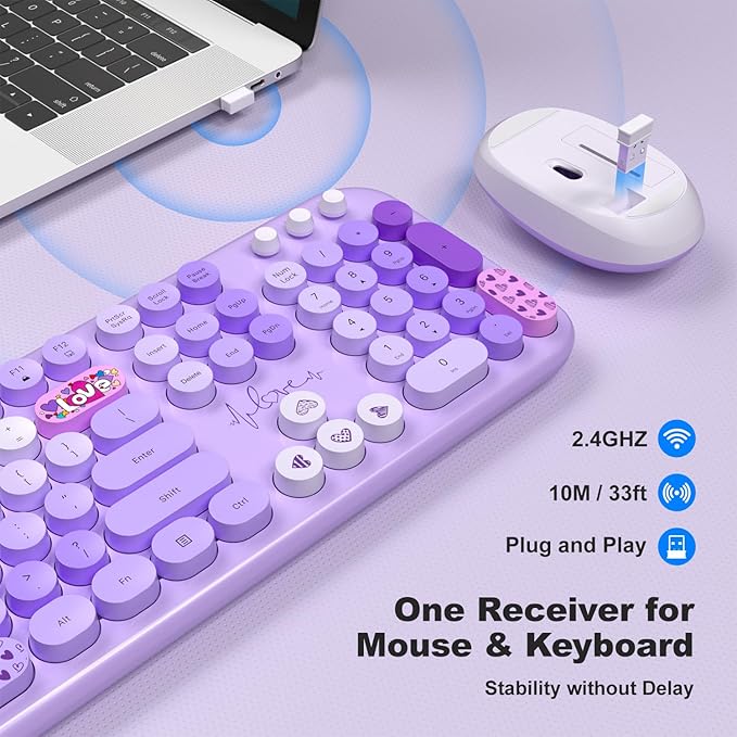 KNOWSQT Wireless Keyboard and Mouse Combo - Lovely Purple Rainbow Full-Sized Typewriter Colorful Keyboards, Round Keycap USB Plug Play Retro Cute Keyboards for Windows, Laptop, PC, Desktop, Computer