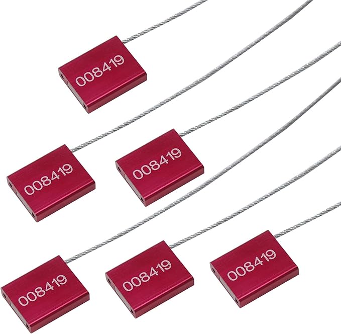 Leadseals(R) 50 Red Steel Cable Seals Metal High Security Seals Numbered Truck Trailer Seal Anti-Tamper Pull-Tite Security Tags Aluminum Body Transport Shipping Seal Self-Locking Safety Ties ISO 17712