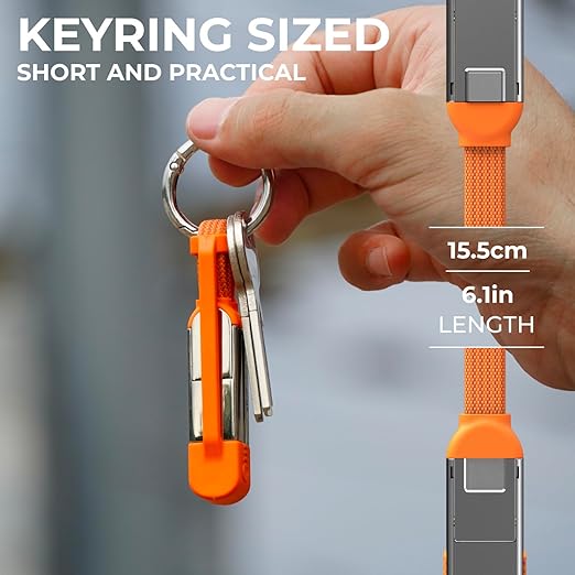 Rolling Square inCharge XS - 240W 4in1 Keyring Cable | Fast Charging & Data Transfer | Universal USB C/Lightning/USB Cable with Metal Housing | N52 Magnets | Eco-Friendly | Orange