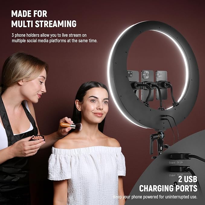 NEEWER RP19H 19" Ring Light with Tripod Stand/3 Phone Holders/Cleaning Cloth Compatible with iPhone, 2.4G Touch Control LED Ringlight for Video Recording Studio Streaming Zoom Selfie Makeup Lighting