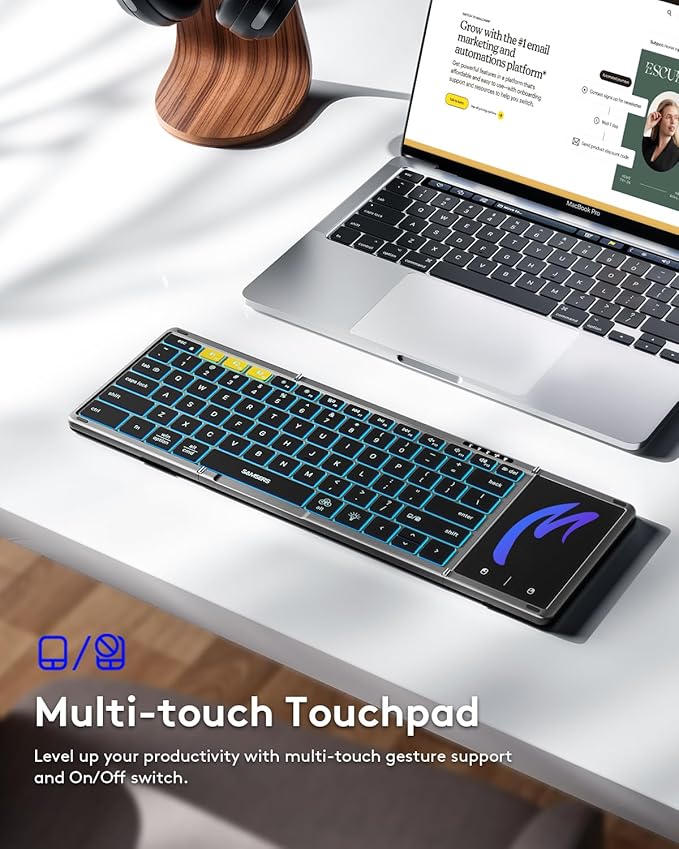 Samsers Foldable Bluetooth Keyboard with Touchpad, Full-Size Wireless Folding Keyboard with Backlight, Portable Travel Keyboards for iOS Android Windows Mac OS, Support 3 Device(BT5.1 x 3), Gray