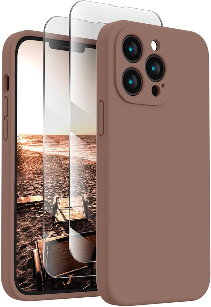 FireNova Designed for iPhone 13 Pro Case, Silicone Upgraded [Camera Protection] Phone Case with [2 Screen Protectors], Soft Anti-Scratch Microfiber Lining Inside, 6.1 inch, Light Brown