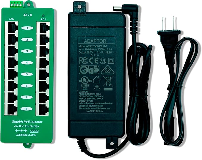 PoE Texas 8 Port PoE/PoE+ Active Mode A Injector with 56V 120W Power Supply - Add PoE+ to Any Switch or Router - 802.3at/af Compliant PoE Midspan for WiFi Access Points, IP Cameras, VoIP Phones