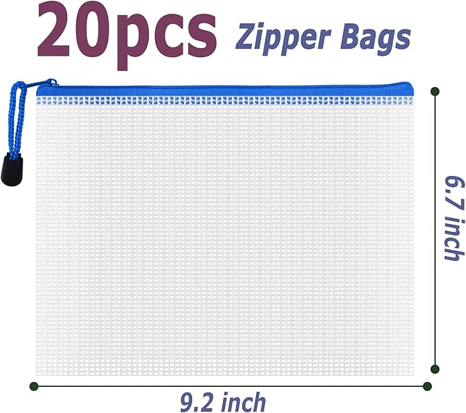 AUSTARK 20 Pcs Zipper File Bags, Plastic Mesh Pouch, Board Game Storage Bag, Waterproof Bags for Office School (A5 Size 9.2''x6.7'', White and Blue)