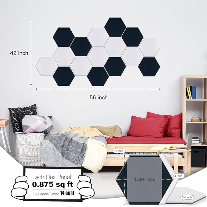 Mollywell Hexagon Acoustic Panels, High Density, Soundproofing, Decorative Noise Reduction Felt Wall Tiles for Ceilings, Home Office & Gaming Room (Deep Blue and White), 14x12x0.4 Inch