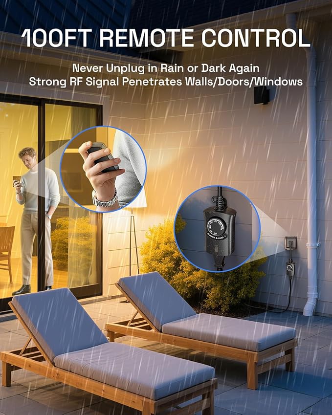 HBN Outdoor Light Timer with Remote Control, Waterproof Light Sensor Timer, 100 ft Wireless Range, 1 Grounded Outlet for Christmas Lights, 15A 1/2HP Heavy Duty