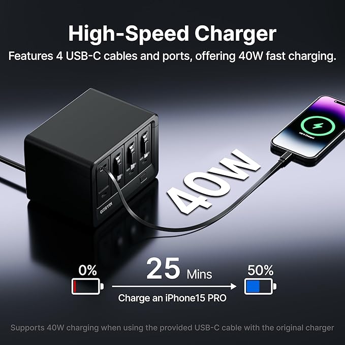 Gitryin 12-in-1 Desktop Charging Station with 3 Retractable Type-C Chargers and 1 Lightning Charger, 40W USB-C Power Strip with Flat Plug, Extension Cord with 1020J Surge Protection for Home Office