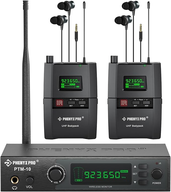 Phenyx Pro Wireless in Ear Monitor System, True Stereo UHF IEM, in Ear Monitors for Musicians, Metal Stage Monitor w/ 89 Frequencies, Rack Mount, for Studio/Band (2 Bodypacks with Transmitter)