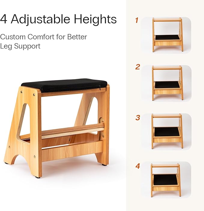 StrongTek Double Step Footrest, Adjustable Wooden Foot Stool with 3 Height Levels, Cushioned Top & Non-Slip Base, Ergonomic Under Desk Leg Rest for Office Home