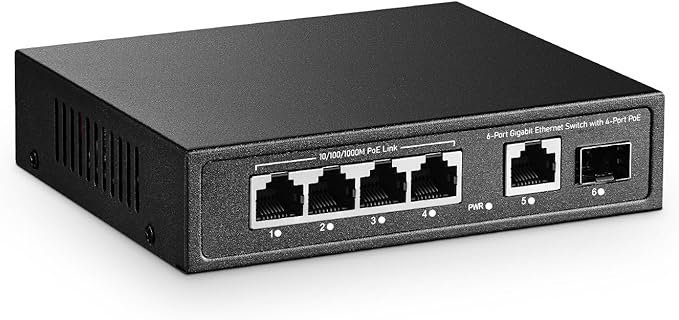 YuLinca 6 Port Mini Gigabit PoE Switch with 4 PoE+ Port, 1 Gigaibt RJ45 Uplink, 1 Gigabit SFP, IEEE802.3af/at, Max 65W, Metal Fanless Plug & Play Ethernet Switch