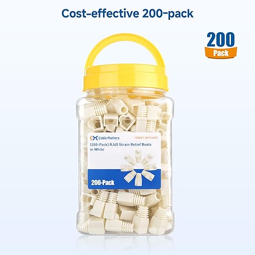 Cable Matters 200-Pack Cat6 / Cat5e RJ45 Strain Relief Boots, RJ45 Boot, Cat 6 Boot, Cat6 Ethernet Boots, White, Suitable for 6.5mm (0.25in) Ethernet Cables