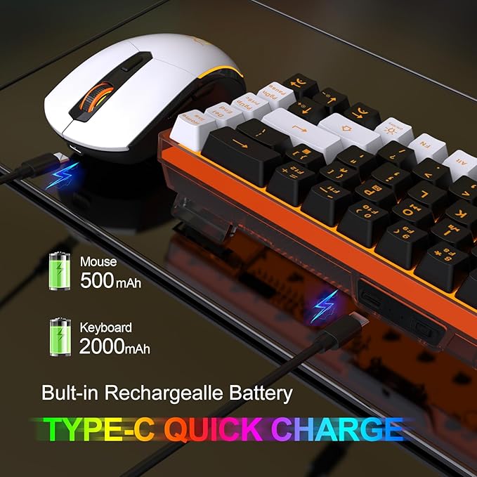 Snpurdiri 60% Wireless Gaming Keyboard and Mouse Combo,Orange Backlit Rechargeable 2000mAh Battery,Mini Mechanical Feel Anti-ghosting Keyboard + Popular RGB Mice for Gaming, Office(Black-White)