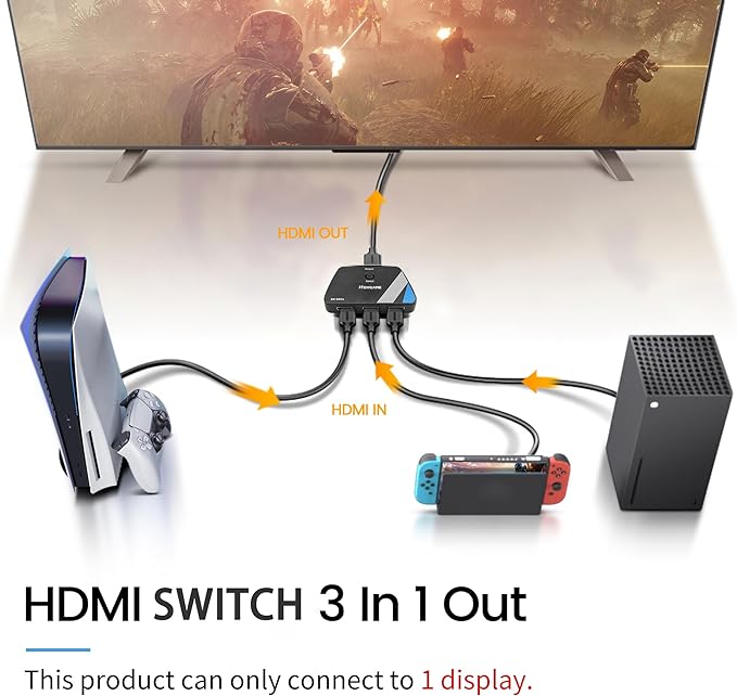 [Upgrade] HDMI Switch 3 in 1 Out, 4K@60Hz HDMI 2.0 Switch Splitter with 2.6FT Long HDMI Cable, 3-Port HDMI Switcher Selector, Supports 4K 30Hz 3D 1080P HDCP2.2 for PS5 Xbox DVD Player Fire Stick PC