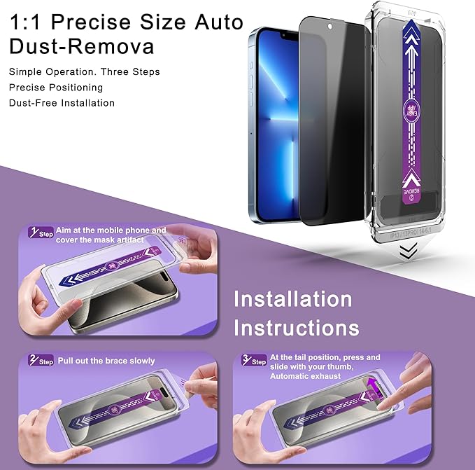 2 Pack Privacy Screen Protector for iPhone 16e/iPhone 14/iPhone 13 Pro/iPhone 13, 9H Tempered Glass, Full Coverage, Anti-Fingerprint, Auto Dust-Elimination, No Bubble, Easy Installation