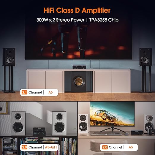 Douk Audio A5 2 Channel TPA3255 Stereo Amp, 300 Watts x2 Mini Hi-Fi Audio Power Amplifier Class D for Home Theater System, Passive Bookshelf Tower Speakers with High-Pass Filter + 32V Power Supply