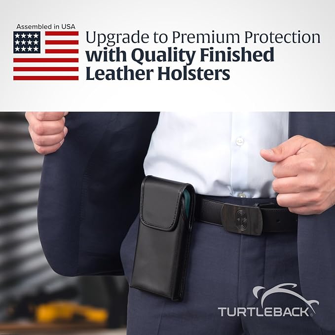 Turtleback Belt Clip for iPhone 16 Pro Max, 15 Pro Max, 14 Pro Max -Medium- Fits w/Shockproof Commuter Style Cases, Premium Black Leather Vertical Belt Holder, Magnetic Closure HD Rotating Clip