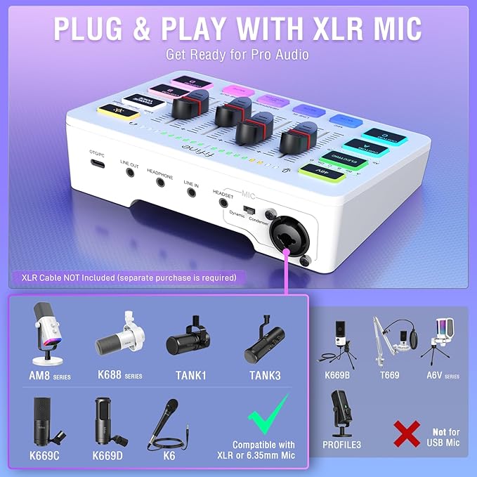 FIFINE Audio Mixer, Gaming Streaming PC Mixer with Slider Fader, XLR Microphone Interface, Monitoring, for Video/Game Voice/Podcast Recording-AmpliGame SC3W