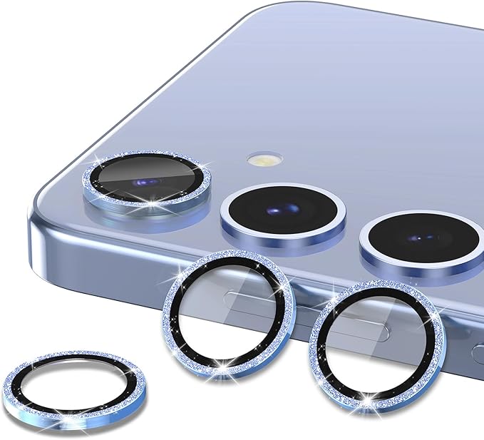 for Samsung Galaxy S25 Plus Camera Lens Protector, Individual Metal Ring Tempered Glass Lens Cover, [Strong Adsorption] Scratch Resistant Ultra-Thin HD Clear Lens Cover, 1 Set-Blue Sparkly