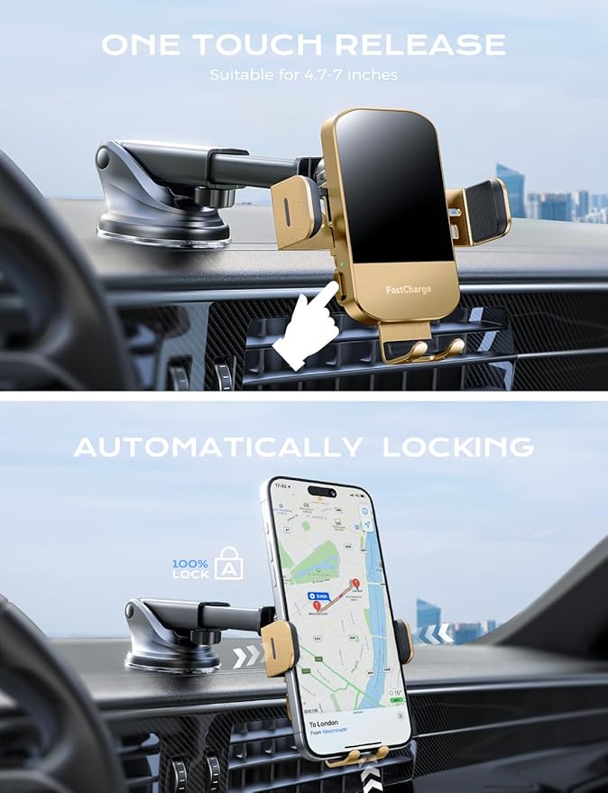 CHGeek Wireless Car Charger, 15W Fast Charging Auto Clamping Car Charger Phone Mount Phone Holder fit for iPhone 15 14 13 12 11 Pro Max Xs, Samsung Galaxy S25 Ultra S24 S23 S22, S21, S20, Golden