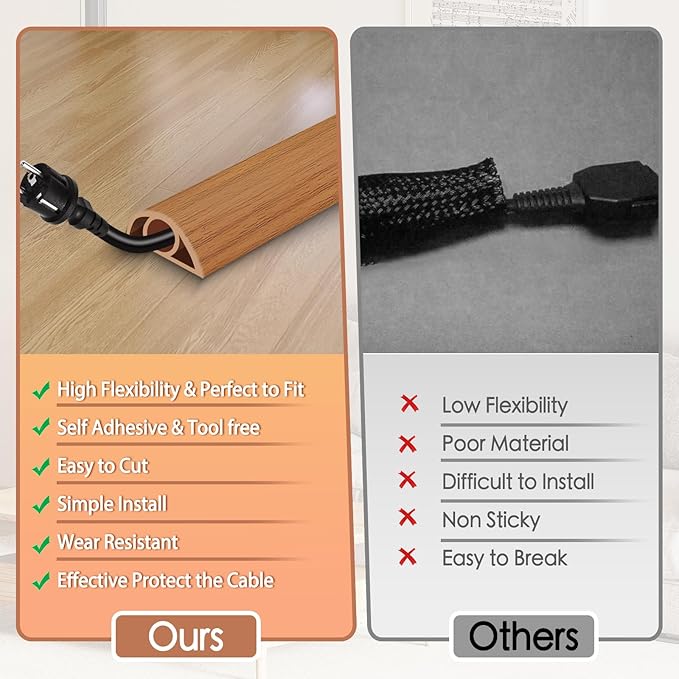 Floor Cord Cover for Wires on Floor Self Adhesive Cord Hider Floor Cable Management Wire Covers for Cords Protector Prevent Cable Trips Cord Cavity W 0.32" x H 0.32", Brown Wood, 10Ft