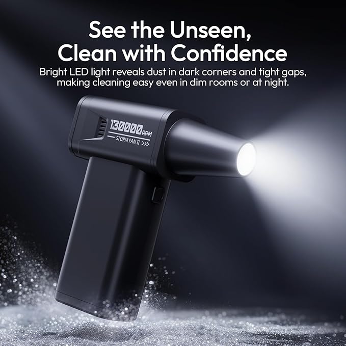 ULANZI AD02 Storm Electric Air Duster V2, 13W High-Speed Compressed Air Duster, 12.5W Fast Charge, Variable Speed, with 200-Mesh Filter & LED Light, Portable Mini Dust Blower for Camer Cleaning