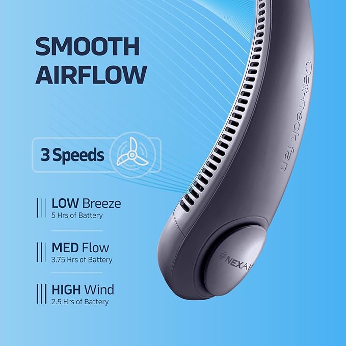 Portable Neck Fan - 3 Speed Rechargeable Bladeless Neck Fan, Adjustable Personal Black Neck Fan For Women & Men Modern Design, Great Cooling Fan For Travel, Indoor, Outdoors & Sports (Blue)