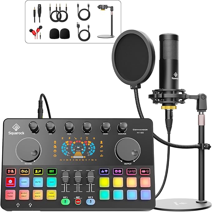 Podcast Equipment Bundle All-in-One with Dual XLR-3.5 Condenser Micophone with Mic Pop Filter Audio Equipment for Live Streaming/Recording, Online Gaming for Phone/Laptop/PC Audio Interface M100
