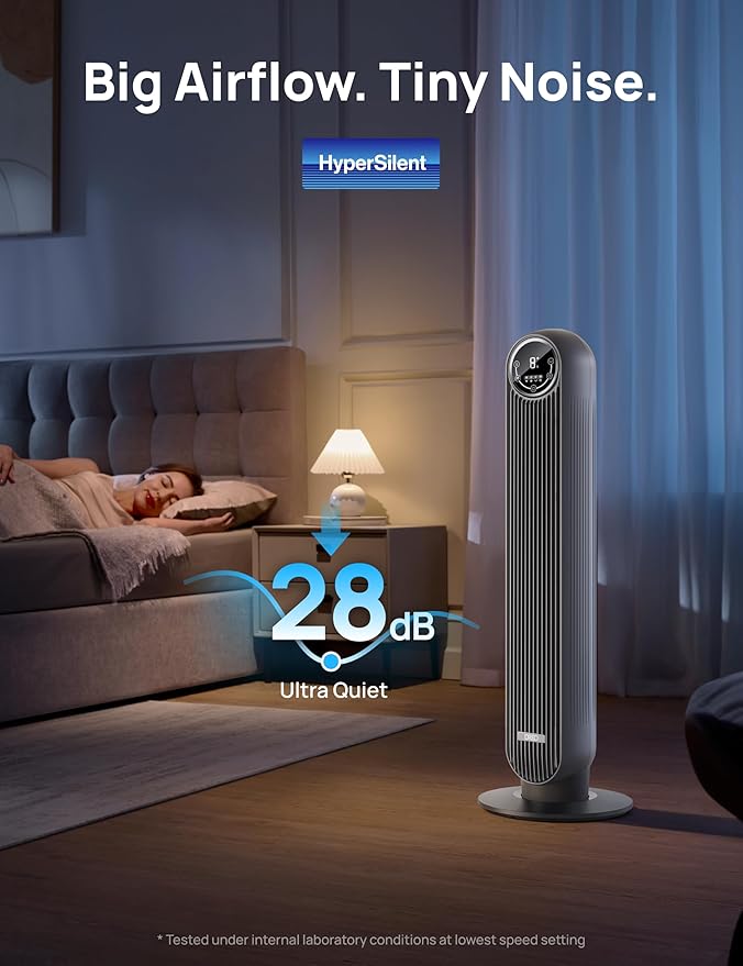 Dreo Tower Fan for Bedroom, 25ft/s Velocity Quiet Floor Fan, 90° Oscillating Fans for Indoors with 4 Speeds, 4 Modes, 8H Timer, Bladeless Fan, Standing Fans, Grey, Nomad One (DR-HTF007)
