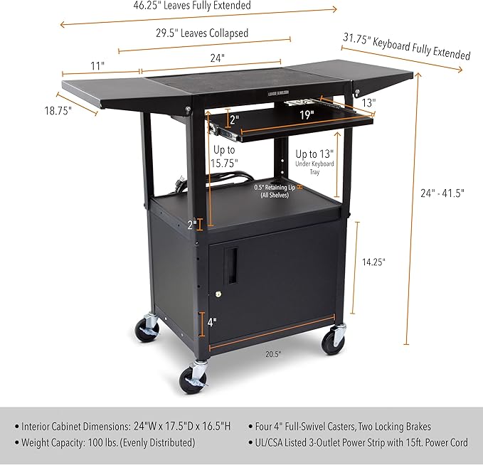 Line Leader Rolling AV Cart with Locking Cabinet, Laptop Stand, and Drop Leaves, Height Adjustable Mobile Utility Cart Workstation with Extra Storage Space, UL-Listed Power Strip (Black / 46 x 18)