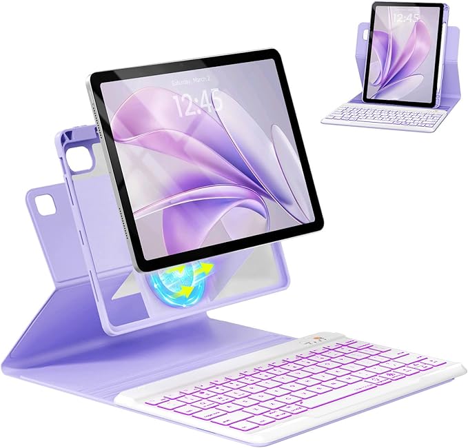 Magnetic Keyboard Case for iPad Air 5th 4th Generation 10.9 inch Pro 11 1st/2nd/3rd/4th, 7 Color Backlight BT Keyboard Folio with Pencil Holder 2022 2021 2020 2018(Purple)