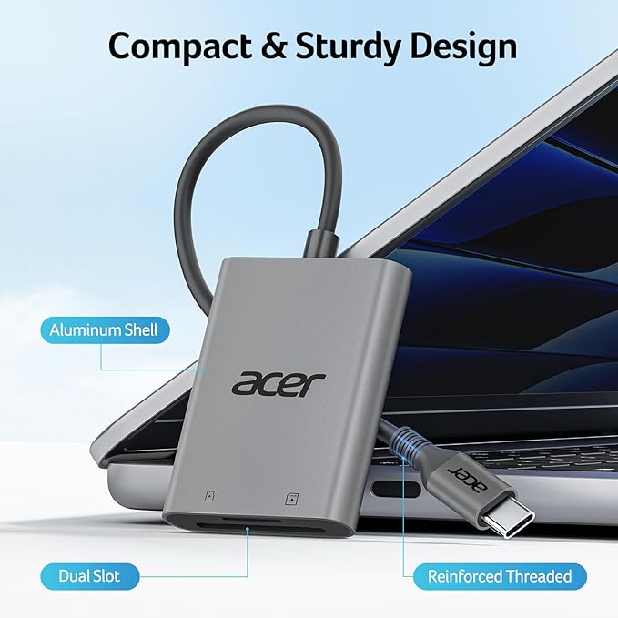 Acer SD Card Reader USB C, Dual Slots Type C to Memory Card Reader, Aluminum Micro SD Card Camera Adapter for MicroSD, SDHC, SDXC, Compatible with iPhone16/15, MacBook, iPad Pro, Android, Laptop