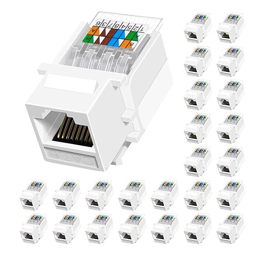 Cat6 RJ45 Keystone Jacks Toolless 25-Pack, Female RJ45 Connectors, Ethernet Keystone Jack No Punch-Down Tool Required Module Coupler (Not for Patch Panel),White
