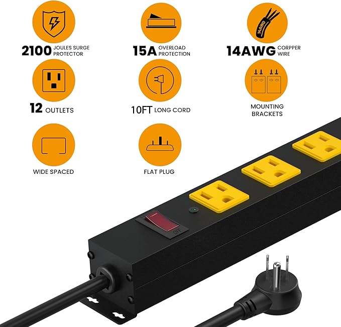Metal 12 Outlet Mountable Power Strip, Surge Protector Heavy Duty Cord Wide Spaced and Wall Mount Metal Powerstrip for Outdoor, Desk, Garage, Industrial, Shop and Indoor (10ft)