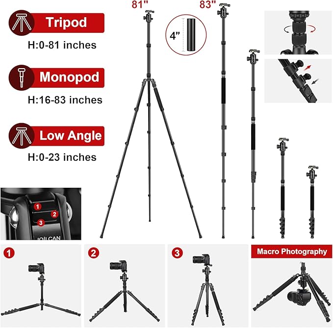 Tripod for Camera, 81" Camera Tripod Stand, 83 inch DSLR Tripods & Monopods, Aluminum Heavy Duty Tripod for Binocular Spotting Scope Telescope Phone