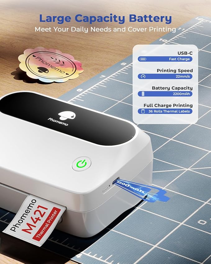 Phomemo Thermal Label Printer, Bluetooth M421 4 x 6 Shipping Label Printer, Portable Printers for Shipping, Warehouse, Barcode, Address,Compatible with Phone & PC,