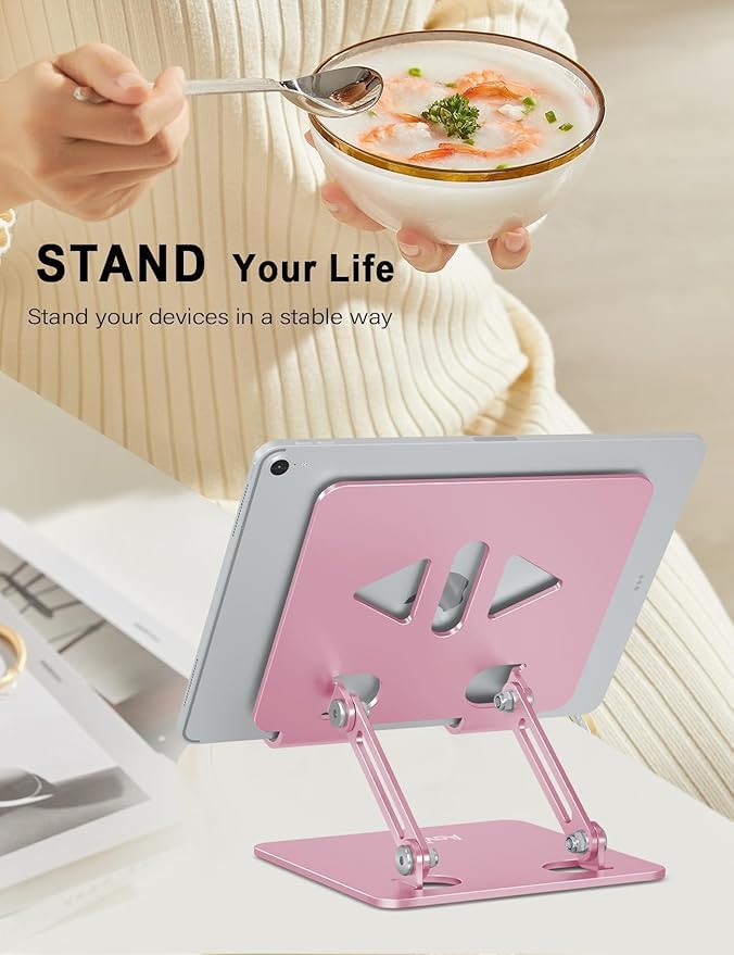 Tablet Stand Holder for Desk, Adjustable Desktop Tablet Holder, Foldable Aluminum Tablet Mount for iPad pro 12.9, iPad Air Mini, Samsung Galaxy Tabs Z Fold Kindle Fire,4-12 inch, Rose Gold