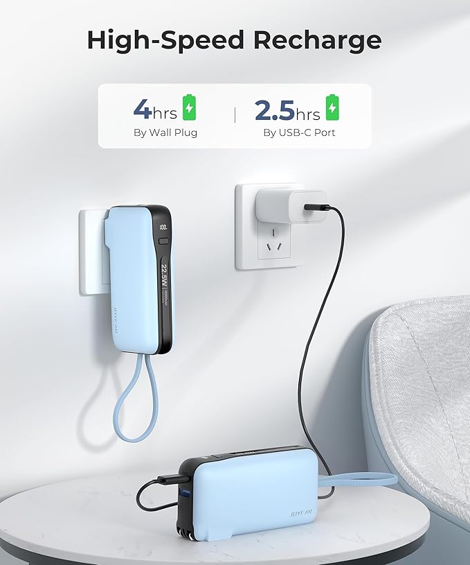 1 Pack Portable Charger with Built-in USB-C Cable & Plug, 10,000mAh 5V/4.5A Power Bank Fast Charging 22.5W, Travel Essential Battery Pack 3 Output for iPhone 16/15 Series, Samsung Galaxy, iPad
