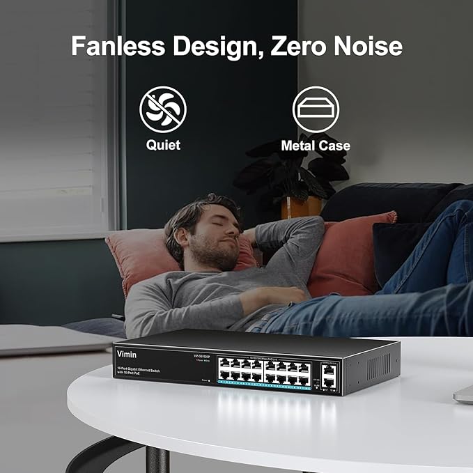 16 Port Gigabit PoE Switch with 2 Uplink Gigabit Ports, VIMIN 18 Port Unmanaged Ethernet PoE Switch with 250W Power, Support IEEE802.3af/at, VLAN, Metal Housing, 19 inch Rack-Mount, Plug & Play