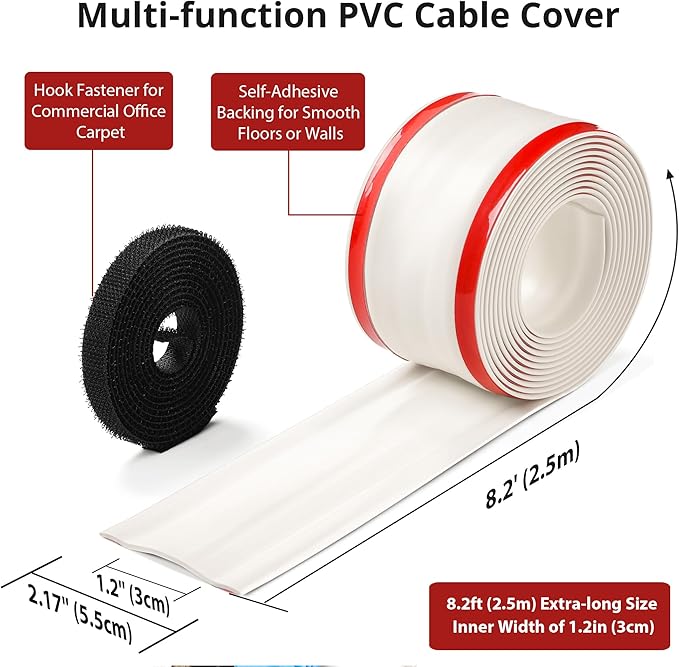 8.2ft Cord Cover Floor, Soft PVC Cord Covers for Wires on Floor, Self-Adhesive Cord Hider, Cable Management Wire Protector for Commercial Office Carpet/Floors/Wall White