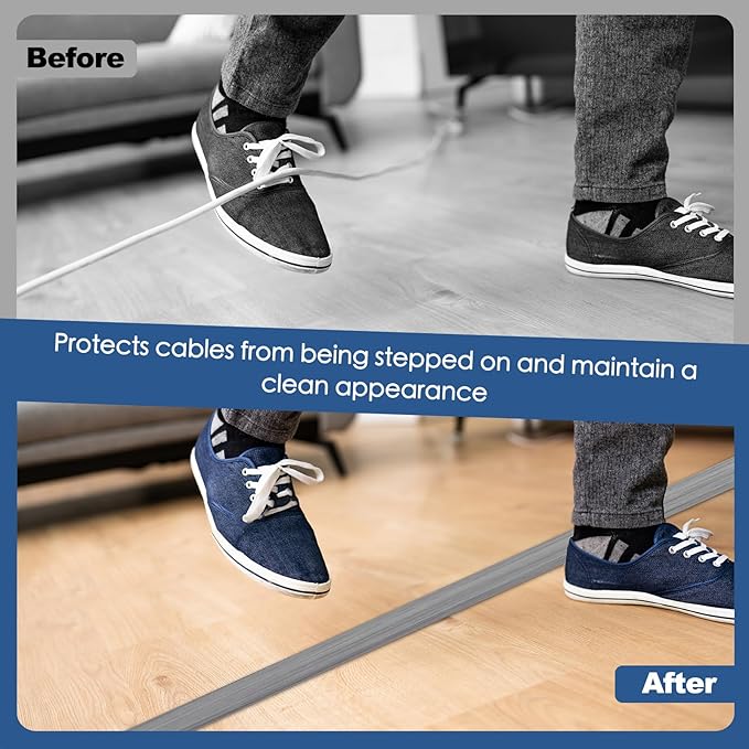 Floor Cord Cover for Wires on Floor Self Adhesive Cord Hider Floor Cable Management Wire Covers for Cords Protector Prevent Cable Trips Cord Cavity W 0.51" x H 0.31", Gray Wood, 20Ft