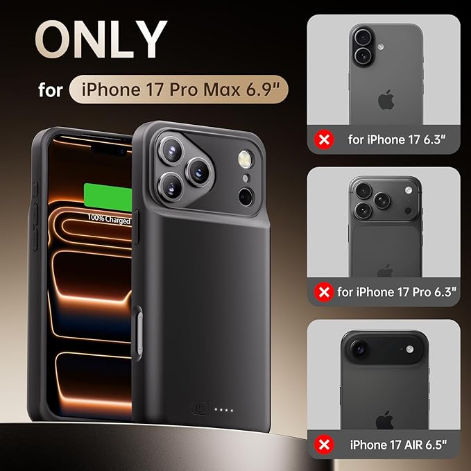 Battery Case for iPhone 17 Pro Max, Charging Case Charger 8500mAh Ultra-Slim Lightweight Powerful Battery Pack 15W Fast Rechargeable Anti-Fall TPU Juice Box for iPhone 17 Pro Max (6.9") Black
