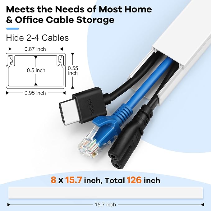 126in Cord Hider Kit, TV Wire Covers for Wall, Paintable Cable Management Kit, Cable Cover for Mounted TV, Hide Wires Along Wall, Brown Cord Cover, 8xL15.7in W0.95in H0.55in