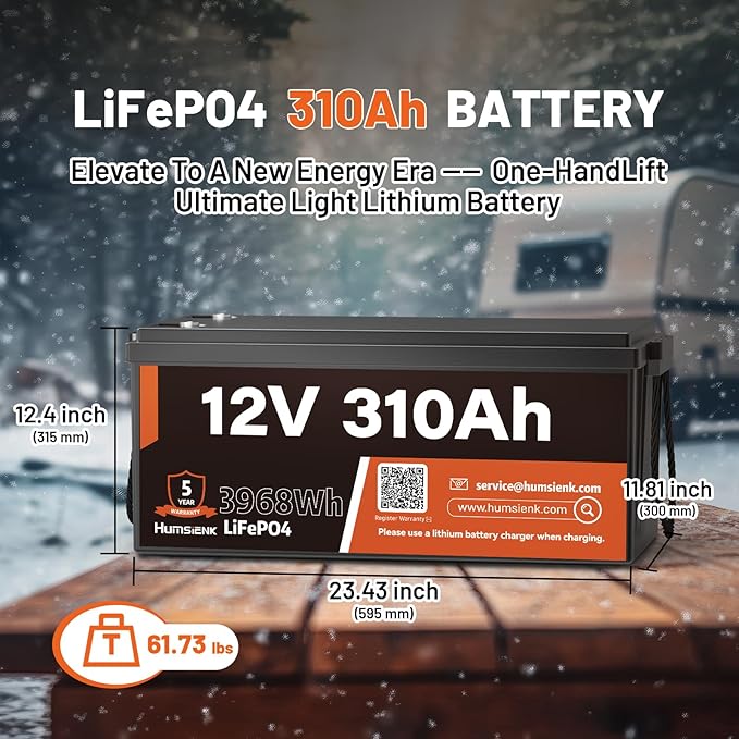 12V 310Ah LiFePO4 Lithium Battery – Max. 3968Wh Solar/RV/Off-Grid Power,15000+ Deep Cycles, 100A BMS,Low-Temp Protection,A+ Grade Cells for Marine, Trolling Motor, Home Energy Storage (1 Pack)