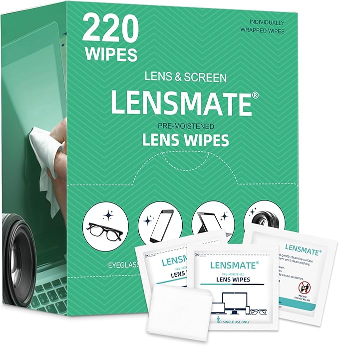 Lensmate 220 Count Lens Wipes for Eyeglasses, Pre-Moistened & Individually Wrapped Eyeglass Wipes, Lens Cleaning Wipes for Eyeglasses, Sunglasses, Goggles and Camera Lens (220Count)