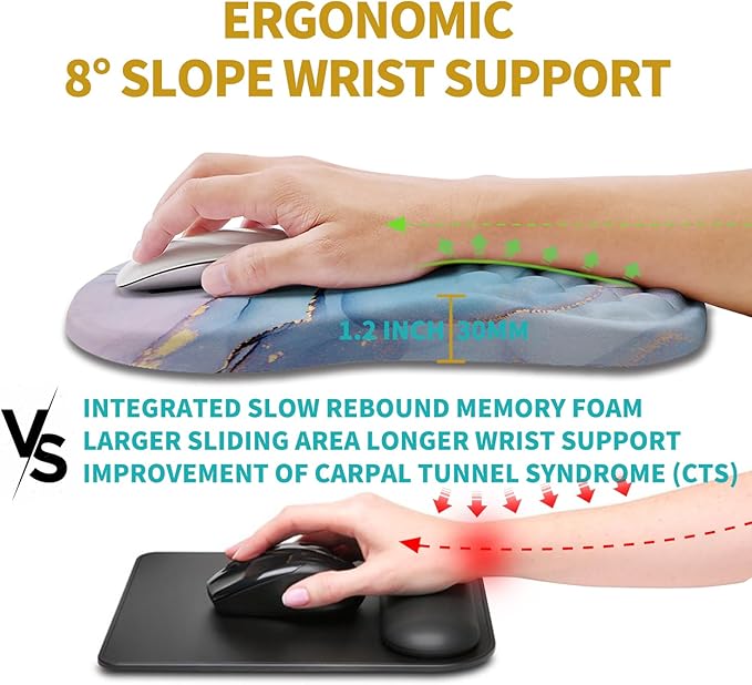 Hokafenle Ergonomic Mouse Pad Wrist Support, Wrist Rest Mousepad for Carpal Tunnel Pain Relief with Integrated Memory Foam Slope Massage Bulge (11.8x7.9 inch,Blue Marble