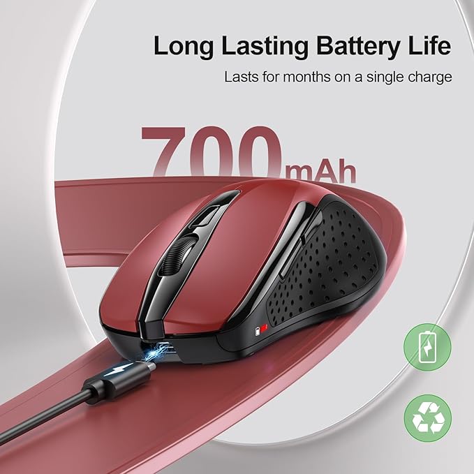 TECKNET Wireless Mouse (BT5.0/3.0 & 2.4G) Rechargeable 4800 DPI Silent USB A & Bluetooth Mouse 6 Buttons, Wide Compatibility - Red